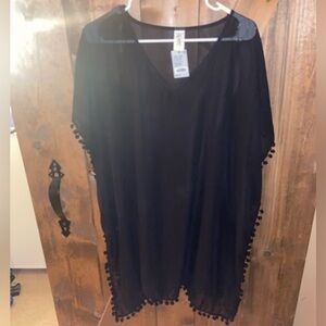 Black Sheer Cover-Up with Pom Pom Detail